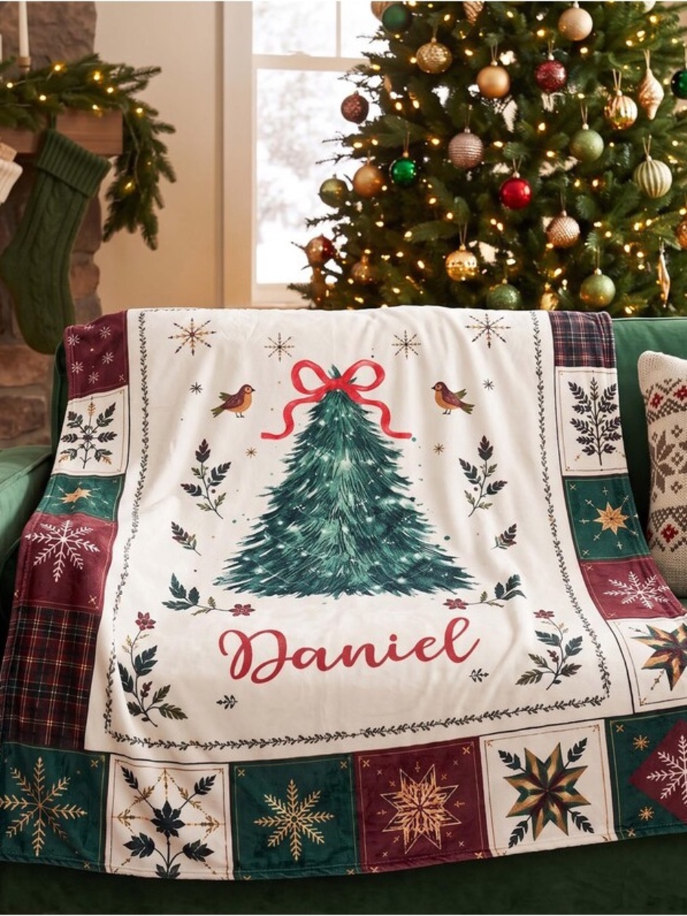 Personalized Daniel Christmas Tree Throw Blanket - Holiday Plaid Design